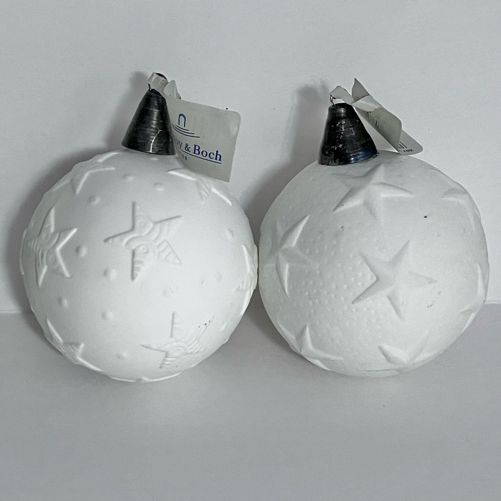 2 VILLEROY & BOCH White Bisque CHRISTMAS ORNAMENTS / Silver-Plated Tops / RARE!